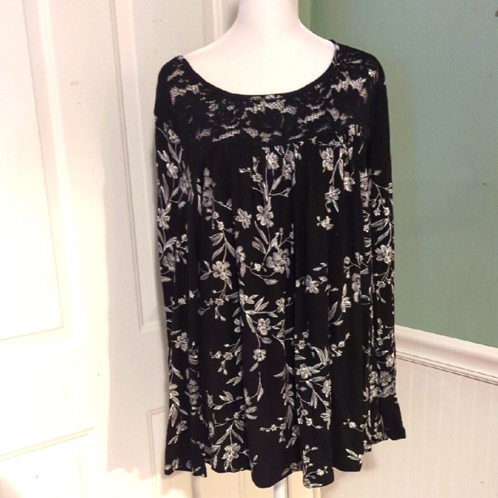 Bishuige Black White Floral Lace Front Long Sleeve Top Shirt 2X